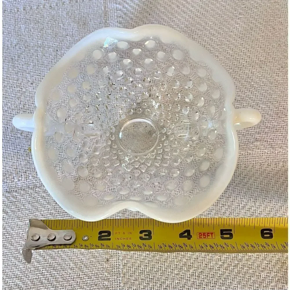 Vintage FENTON Art Glass Handles French Moonstone Opalescent Hobnail CANDY DISH